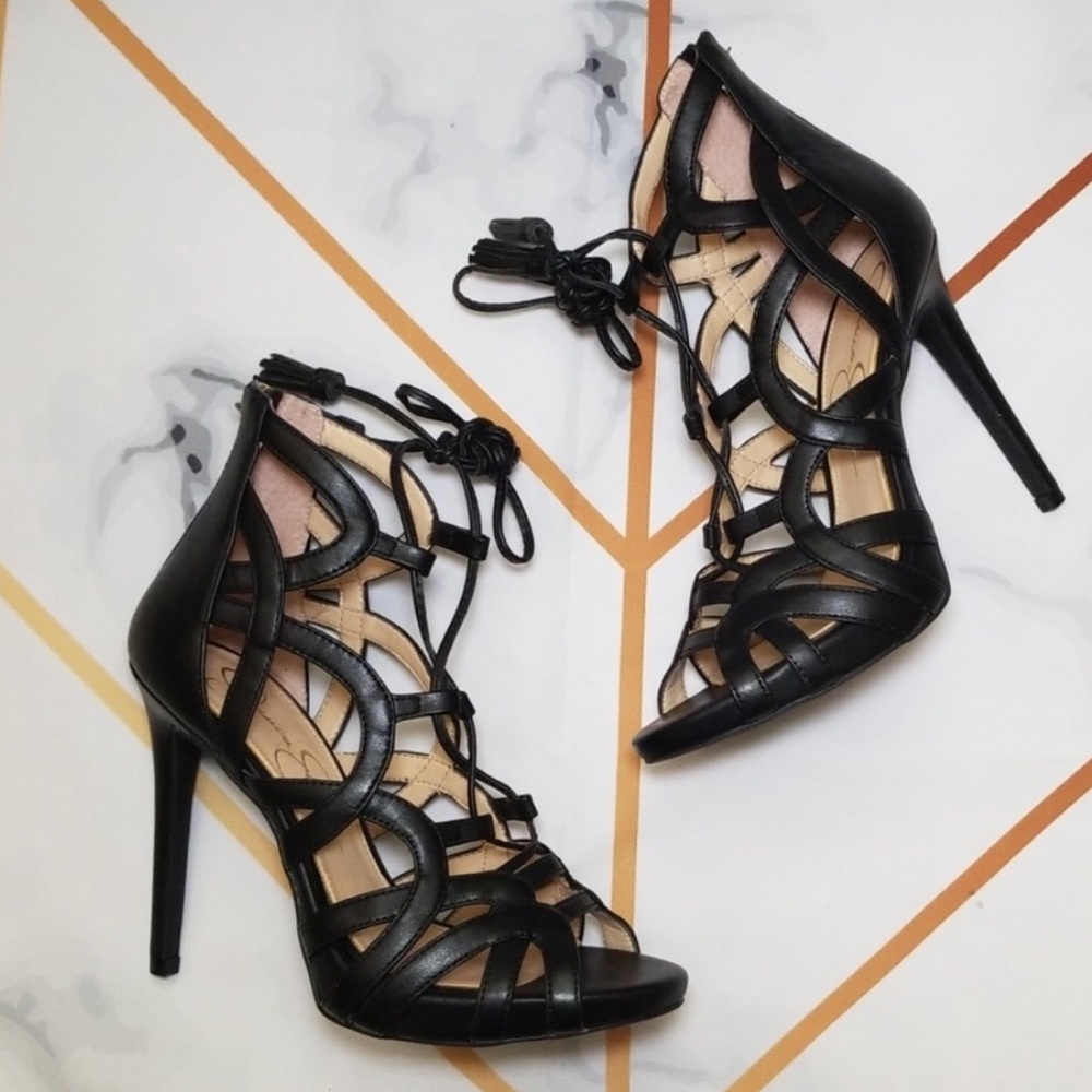 NWOT Lace Up Peep Toe Platform Strappy Heels